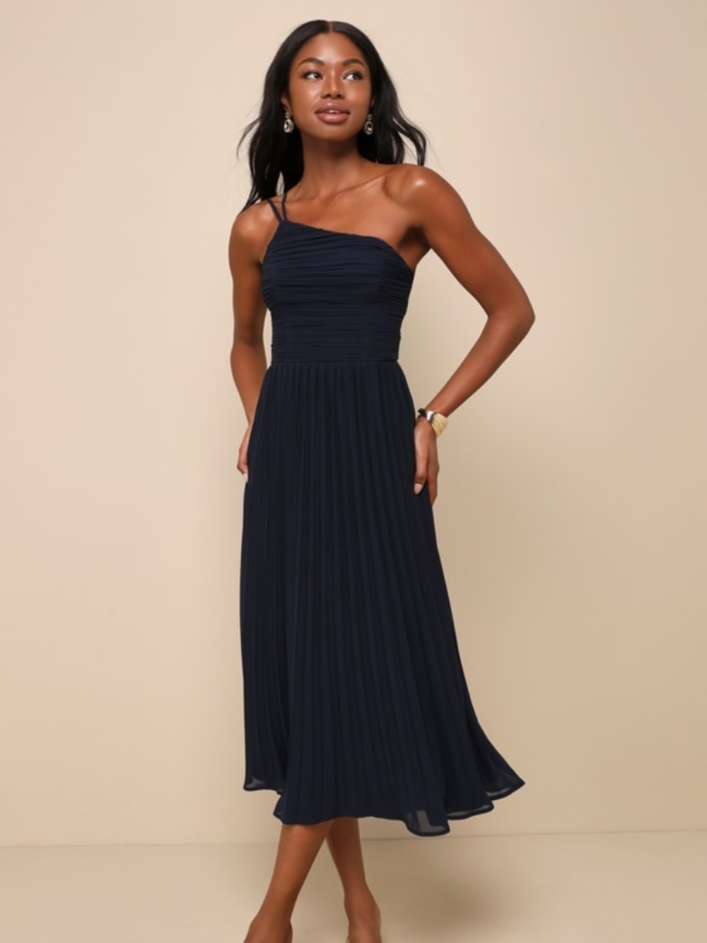 Lulus Wondrous Muse Navy Blue Pleated One-shoulder Midi Dress - Size XS